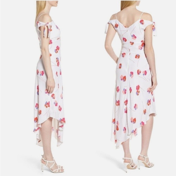 Lewit Tie Sleeve Off Shoulder Floral Asymmetrical Maxi Dress White Pink Size 8 - Picture 5 of 16